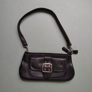 Vintage Black Pleather Y2K Shoulder Bag w/ Silver Buckle Detail 2000s Mini Purse